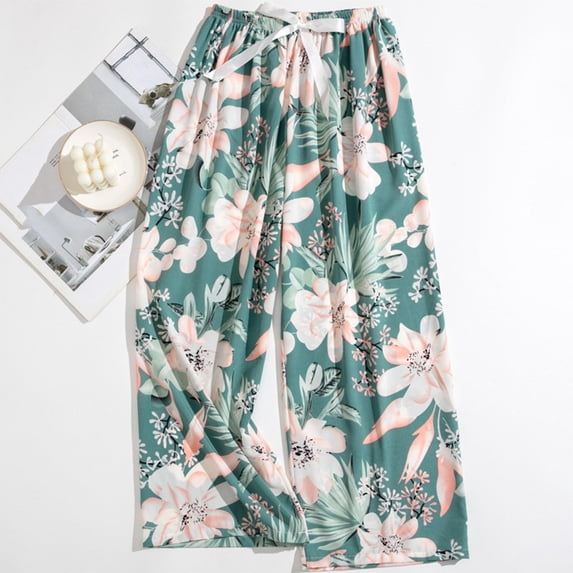 YOZGXEG Wide Leg Pants Women Women'S Comfy Printed Wide Leg Pajama Pants Bow Elastic Waist Long Casual Bottoms Blue One Size