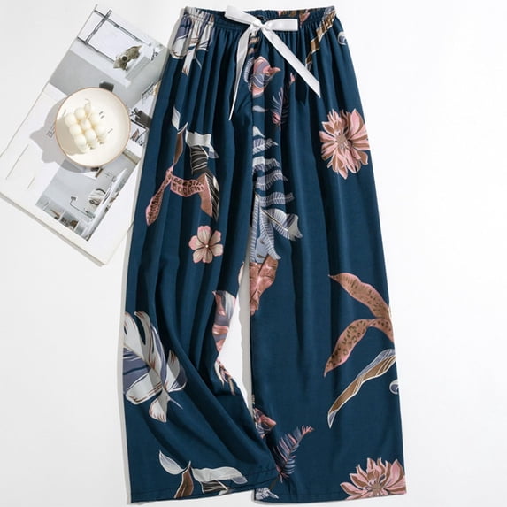 YOZGXEG Wide Leg Pants Women Women'S Comfy Printed Wide Leg Pajama Pants Bow Elastic Waist Long Casual Bottoms Pink One Size