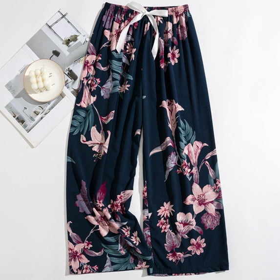 YOZGXEG Wide Leg Pants Women Women'S Comfy Printed Wide Leg Pajama Pants Bow Elastic Waist Long Casual Bottoms Purple One Size
