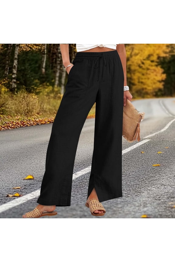 Wide Leg Pants Women Women'S Fashionable Solid Color High Waist Wide Leg Slit Casual Pants With Pockets Black S-4Xl