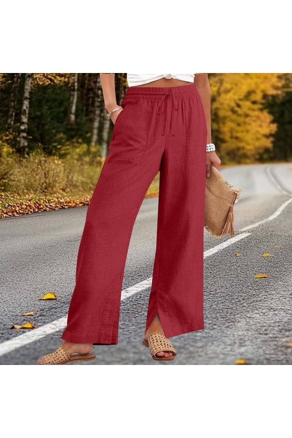 Wide Leg Pants Women Women'S Fashionable Solid Color High Waist Wide Leg Slit Casual Pants With Pockets Red S-4Xl