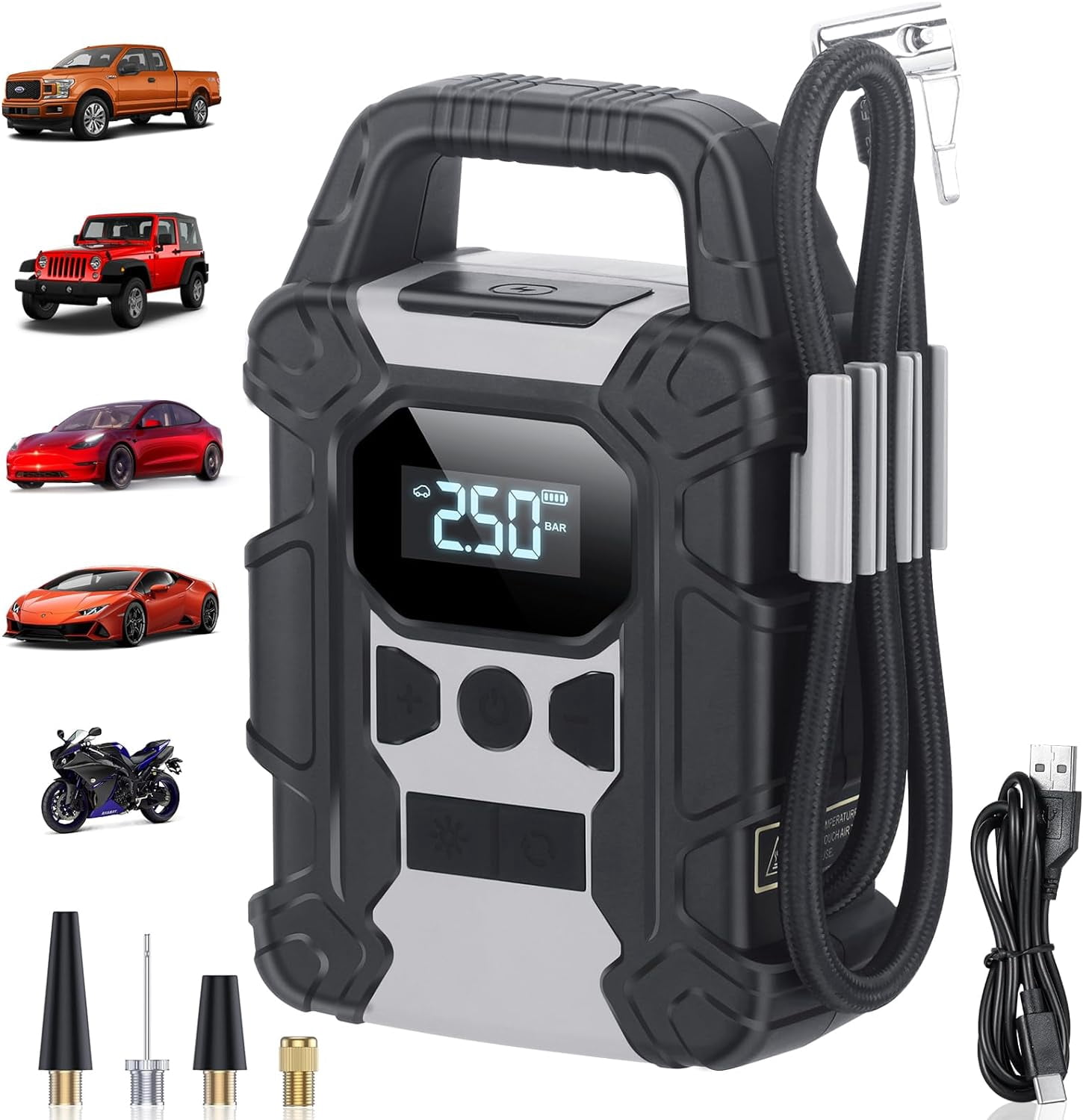 Portable Tire Inflator Air Compressor - 150PSI Cordless, Digital Gauge, Auto Shut Off For Car Bike Ball