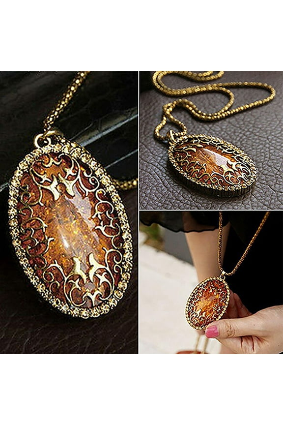 Necklace,Women Vintage Amber Hollow Pendant Necklace Sweater Long Chain Jewelry Gift
