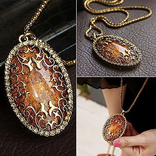 YOZUMD Necklace,Women Vintage Amber Hollow Pendant Necklace Sweater Long Chain Jewelry Gift