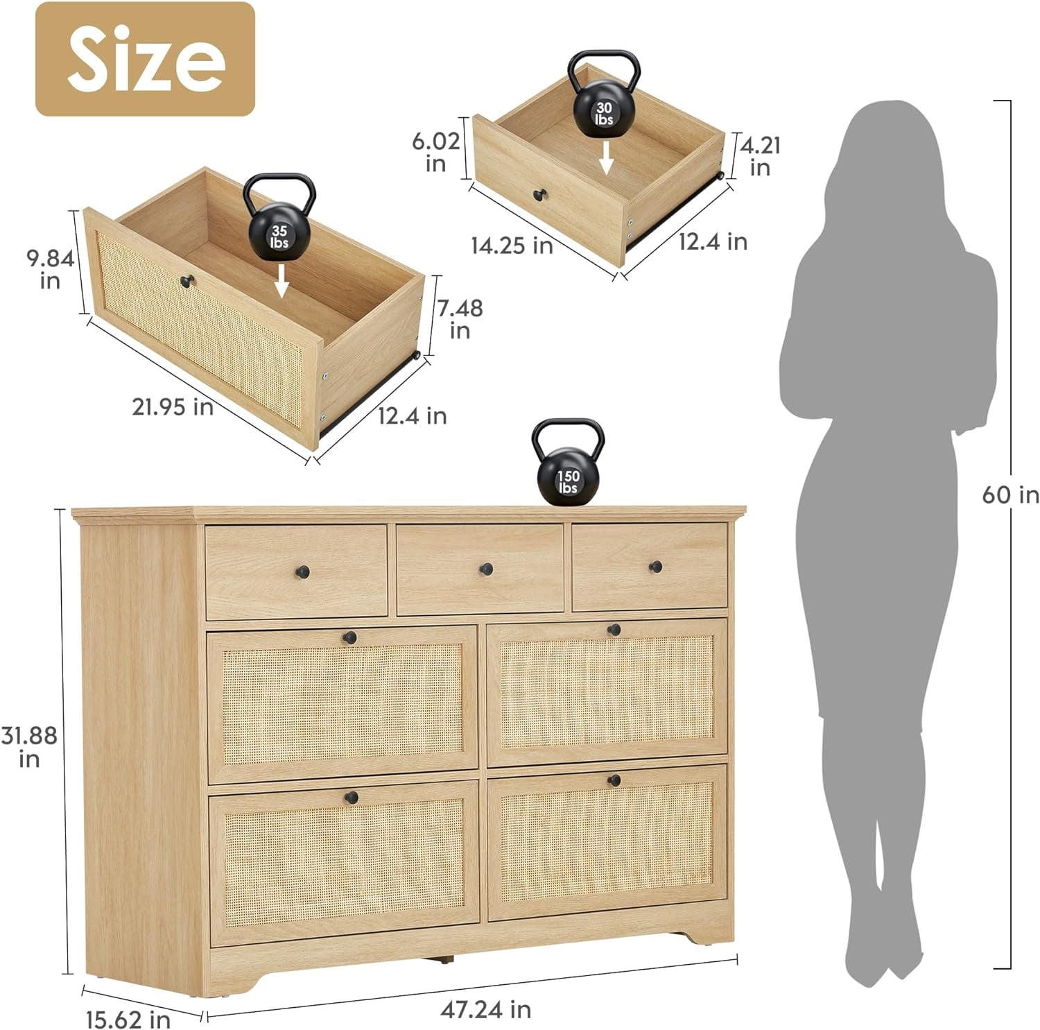 YPBBOOM 7 Drawers Natural Rattan Dresser for Bedroom Mid Century Modern Dresser Wooden Cane