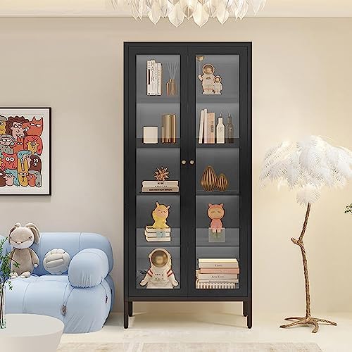 YPBBOOM Metal Black Display Curio Glass with Glass Doors and 4 Shelves Tall