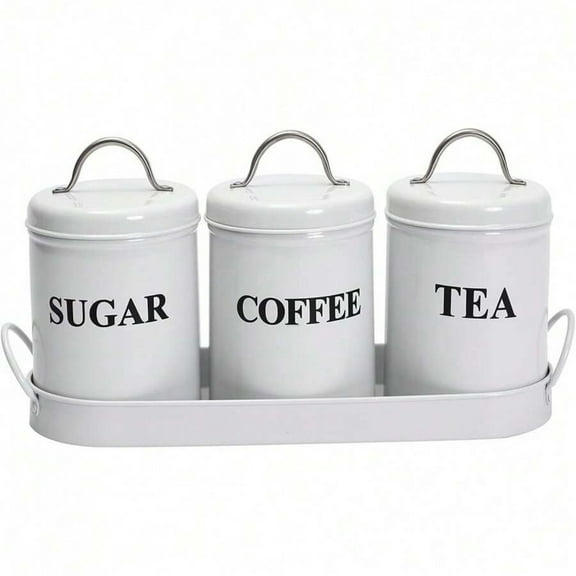 YFLXDMLYYSC Tea Coffee Sugar Canisters, 3 Piece Kitchen Canister Set, With Sealing Lid And Metal Tray, Metal Vintage Food Storage Jars