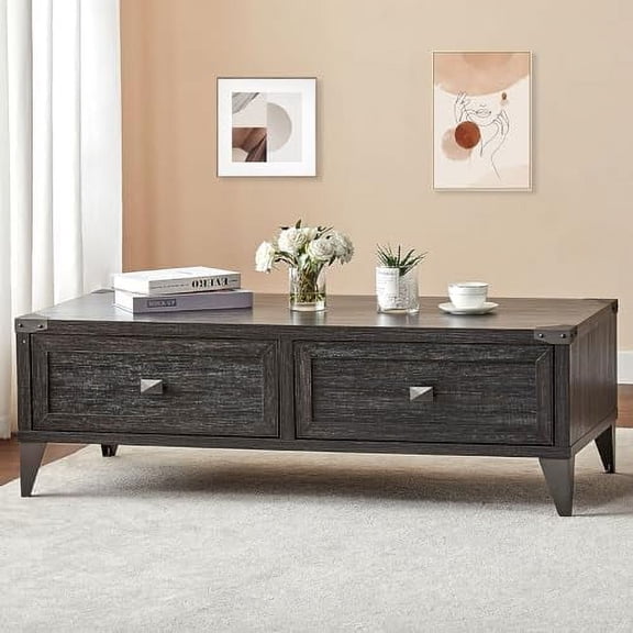 YPDCHB Industrial Coffee Table with 2 Large Drawers Center Table with Rear Hidden Shelvings for Living Room Rustic Rectangle Cocktail Table Light Gray