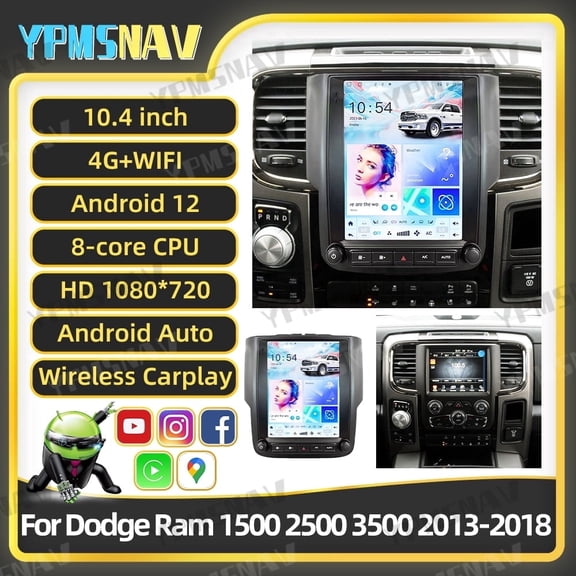 YPMSNAV 10.4 Inch For Dodge Ram 1500 2500 3500 2013 2014 2015 2016 2017 2018 Android 12 Vertical Style Full Touch Screen Car GPS Navigation DVD Multimedia Player HD Headunit Mainframe Carplay And And