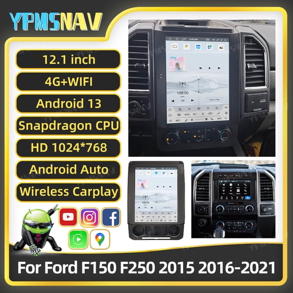 YPMSNAV 12.1 Inch Car Radio Android 13 For Ford Raptor F150 F250 F350 2015 2016 2017 2018 2019 2020 2021 Tesla Style Vertical HD Touchscreen DVD Multimedia Player Qualcomm 8 Core GPS Navigation