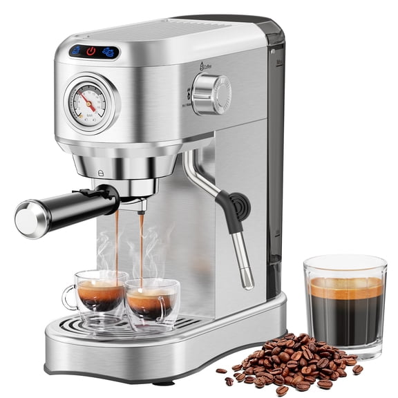 SUDILO 20 Bar Espresso Machine with Steam Milk Frother, Compact Professional for Home Office & Small Spaces, Stainless Steel, 34oz Removable Tank, Makes Latte Cappuccino, Silver