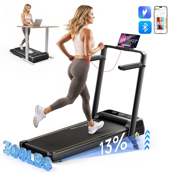 YPOO FITNESS 13% Incline Walking Pad for Home, 2.5HP Foldable Electric Treadmill with Handle for Running Exercise, 300 lb Capacity