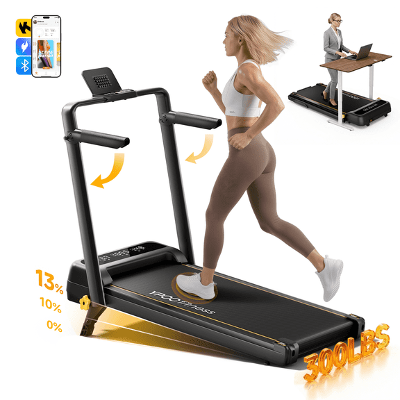 Walking Pad with 13% Incline & Handle, Foldable Treadmill for Home, Under Desk Treadmill with APP Control, LED Display and 300 lbs Capacity