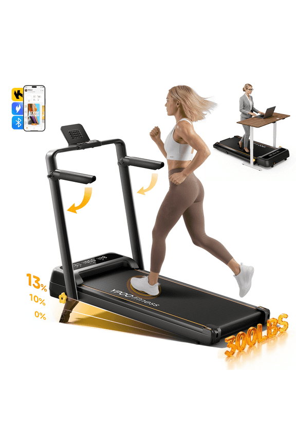 Walking Pad with 13% Incline & Handle, Foldable Treadmill for Home, Under Desk Treadmill with APP Control, LED Display and 300 lbs Capacity