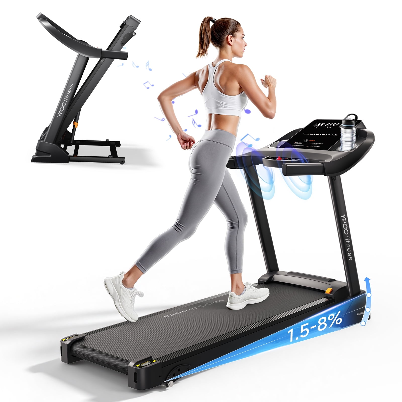 YPOO Folding Treadmill with 3 Adjustable Incline, App Control Running Walking Pad for Home and Office with 300 lb Capacity, 8mph, Black