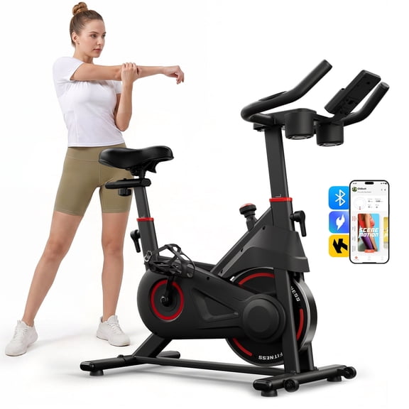 YPOO Indoor Stationary Cycling Bike Exercise Bike with 350lbs Capacity, Quiet Belt Drive, 6-Way Adjustable Seat, LED Monitor and App Connectivity for Home Cardio