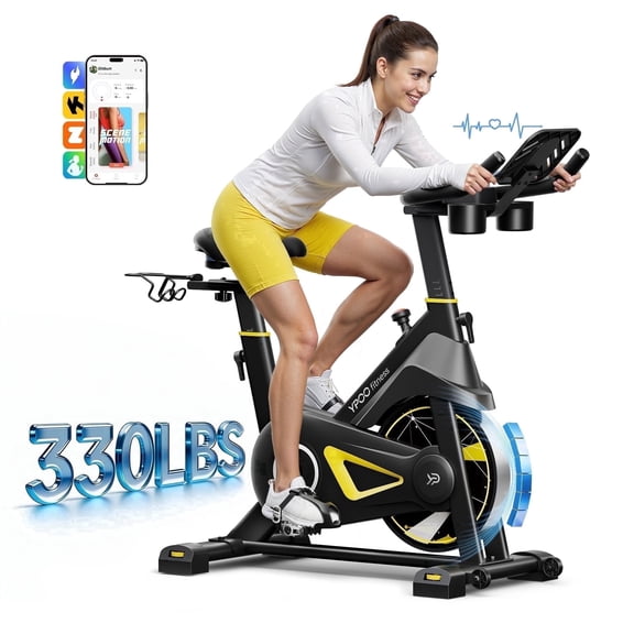 YPOO Magnetic Exercise Bike for Home, Quiet Stationary Bike with Smart App and Heart Rate Monitor, Adjustable Seat and Handlebars, Dumbbell Rack, 330lbs Capacity