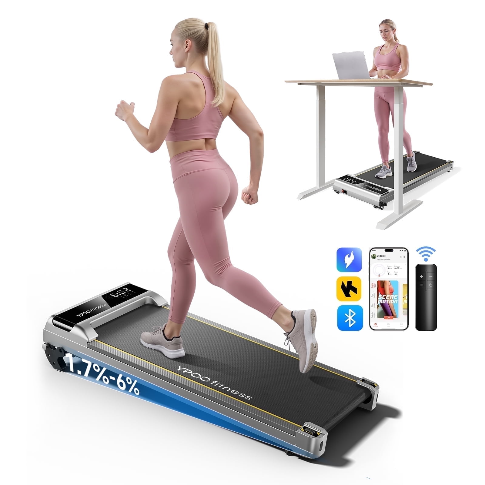 YPOO Walking Pad with Incline, Under Desk Treadmill for Home, 300