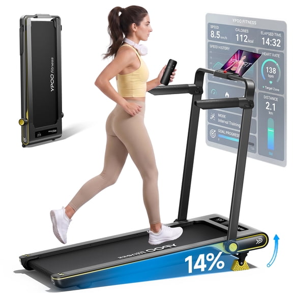 YPOO Walking Pad with Foldable Handles, 2.5HP Incline Treadmill, 350 Ibs Capacity, LED Display, Black