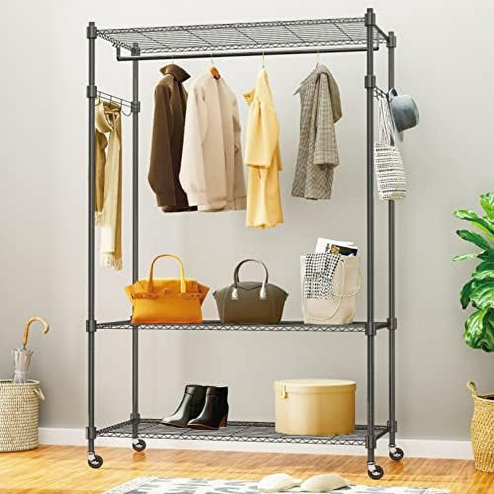YPZBBOOM Heavy Duty Rolling Garment Rack 3 Tier Wire Shelving Clothes