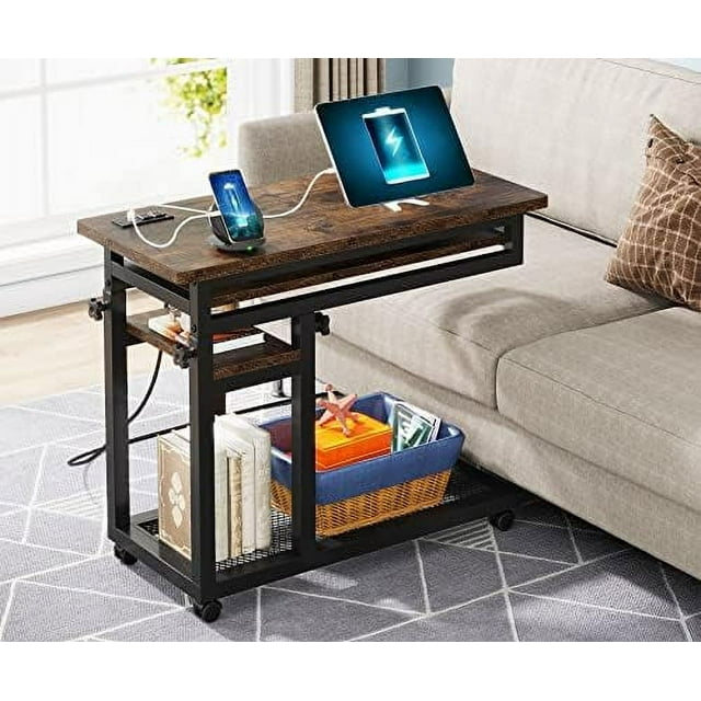 YPZBBOOM Small Portable Desk with Power Outlet Height Adjustable Sofa Couch Bedside Laptop Table
