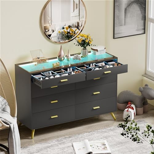 YPZBBOOM White Dresser with LED Lights for Bedroom 8 Drawer Dressers