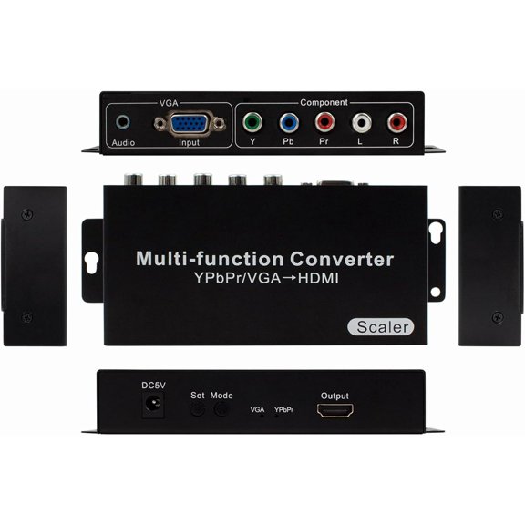 YPbPr/VGA to HDMI Converter with Audio, 5 RCA Component/VGA to HDMI Adapter, Supports 1080P Scaler, Compatible with PC, Laptop, DVD, PSP, Xbox to HDMI Monitor/Projector