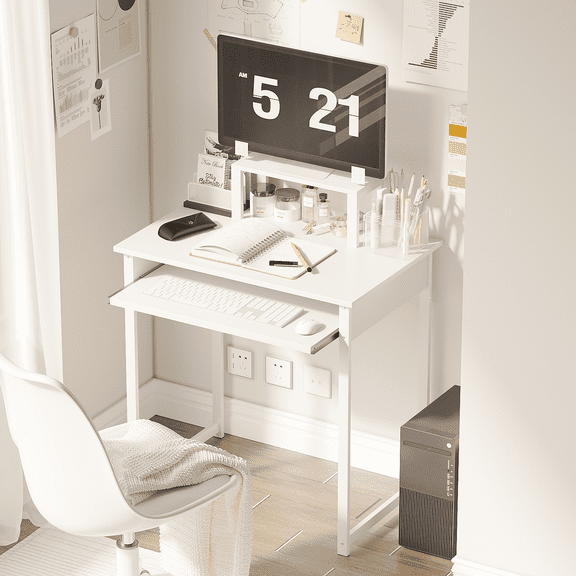 YQ JENMW Home Office Computer Desk with Monitor Stand and Keyboard Tray, Modern Simple Writing Desk with Sturdy Metal Frame