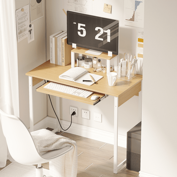 YQ JENMW Home Office Computer Work Desk with Monitor Stand,Keyboard Tray and Robust Metal Support Frame