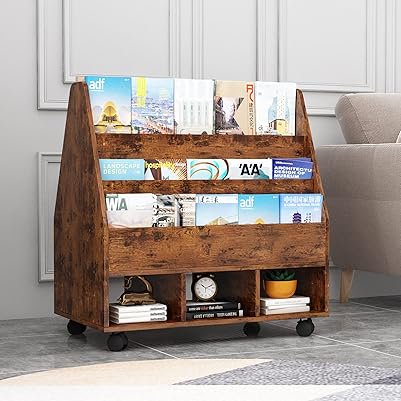 YQ JENMW Mobile Wooden Storage Rack with Casters, Multi-Tier Slanted Shelf Unit with Bottom Compartments, Rustic Organizer Stand for Kitchen Office Adult Home Organization