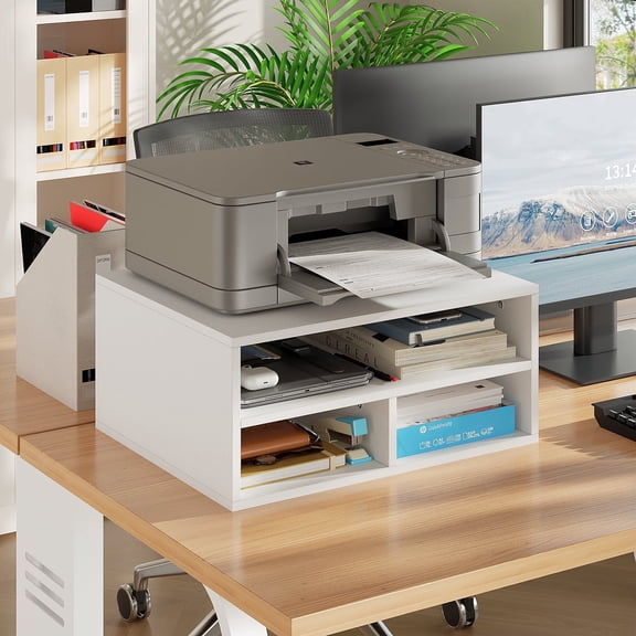 YQ JENMW Modern Desktop Printer Stand with Multi-Tier Storage Shelves Wooden Monitor Riser Organizer for Home Office Desk for Adults
