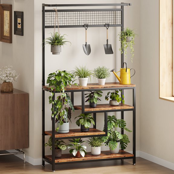 YQ JENMW Modern Metal Plant Stand with Hanging Mesh Grid, Multi-Tier Flower Rack, Vertical Storage Shelf for Indoor Outdoor Garden Living Room Decor