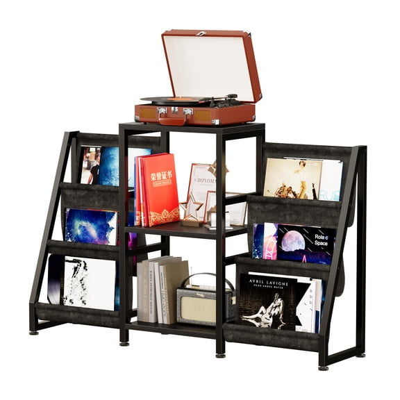 YQ JENMW Modern Multi-Functional Record Player Stand with Vinyl Storage Shelves, Open Bookshelf Media Console Organizer for Adult Music Lovers