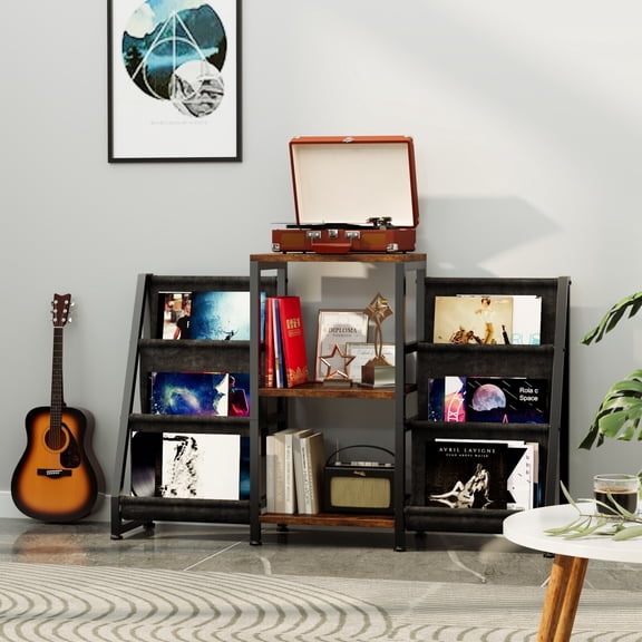 YQ JENMW Modern Multi-Functional Record Player Stand with Vinyl Storage Shelves, Open Bookshelf Media Console Organizer for Adult Music Lovers