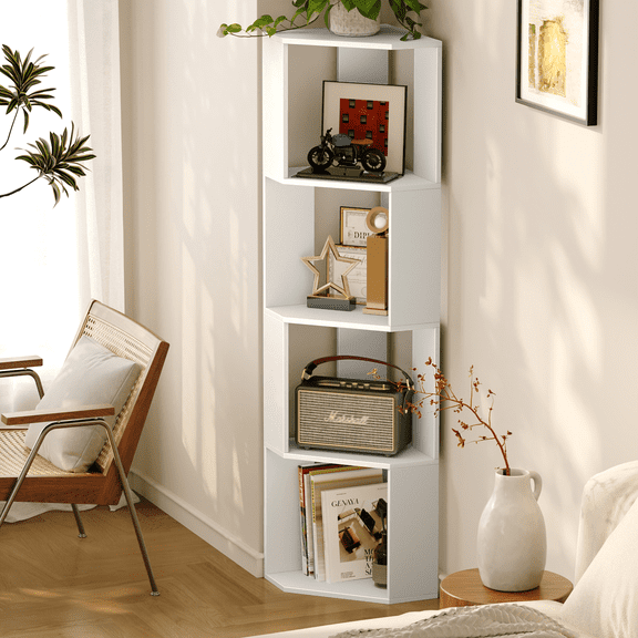 YQ JENMW 4-Tier Corner Shelf Bookcase,Multipurpose Corner Display Rack,Space Saving Open Display Stand for Living Room Bedroom Home Organization