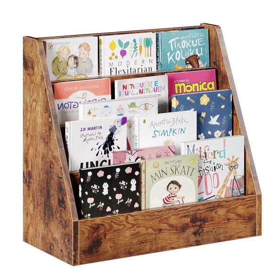 YQ JENMW Rustic Wooden Countertop Bookcase, 4-Tier Slanted Bookshelf for Kitchen Office, Desktop Magazine Rack Organizer