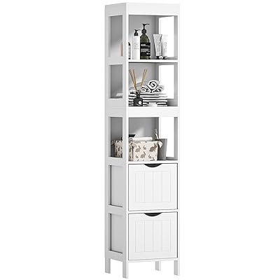 YQ JENMW Tall Narrow Storage Tower with Enclosed Bottom Cabinet, Modern Vertical Bookshelf Open Display Rack, Space Saving Organizer Unit for Living Room Bathroom Adult Home Décor