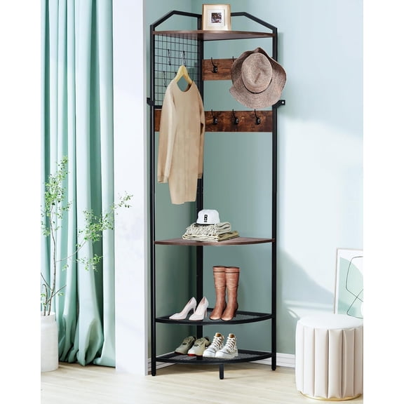 YQNUCO Corner Coat Rack, 78" Corner Hall Tree with  and Shoe Storage, Adjustable Height Floor Standing Clothes Shoes Rack with 14 Metal Hooks for Entryway, Home, Office, Bedroom (Rustic Brown 1)