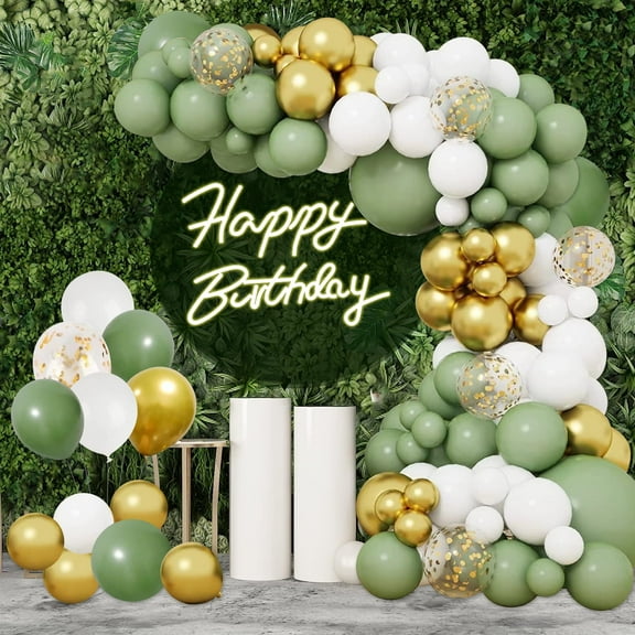YQWIN 140Pcs Sage Green White Balloon Garland Arch Kit Olive Green White Gold Confetti Balloons Different Sizes for Baby Shower Birthday Wedding Engagement Gender Reveal Party Decorations