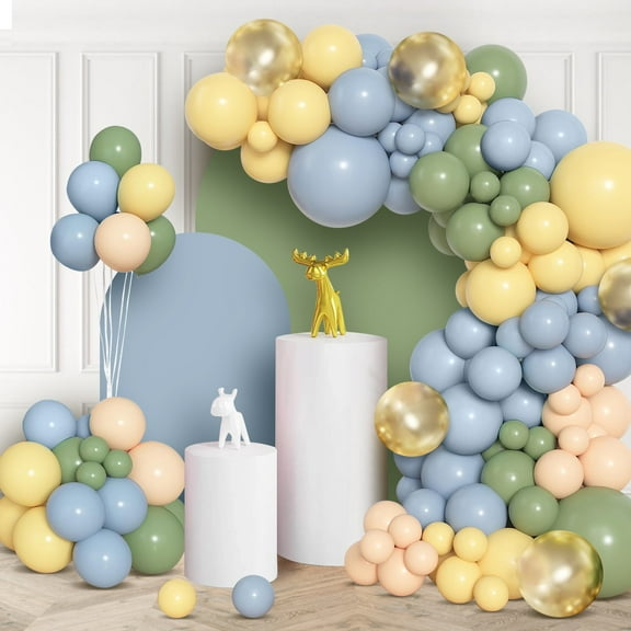 YQWIN 153Pcs Blue Yellow Balloon Garland Arch Kit Pastel Balloons with Blue Yellow Sage Green Nude Balloons for Summer Anniversary Classic Bear Themed Baby Shower Wedding Birthday Party Decorations
