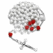 YQZIYOU 6mm Pearl Beads Catholic Rosary Necklace with Flower Jesus Christ Crucifix Cross First Communion Gifts Confirmation Gifts for Girls Teens Women Men
