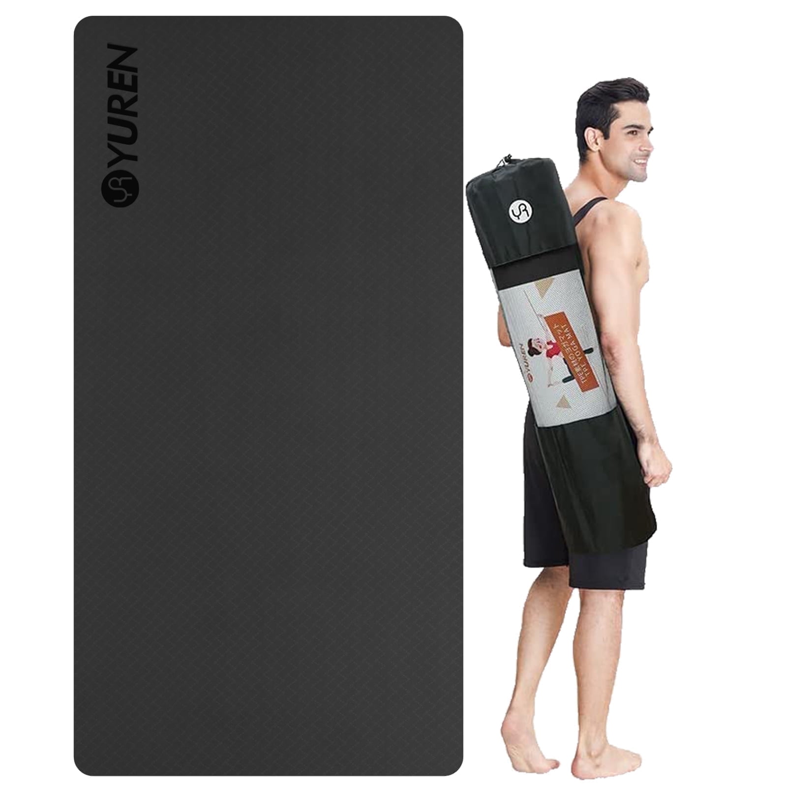 YR Yoga Mat 2/5" Thick TPE Exercise Mat, Large Non-Slip Yoga Workout Pilates Mats for Men Women, Black
