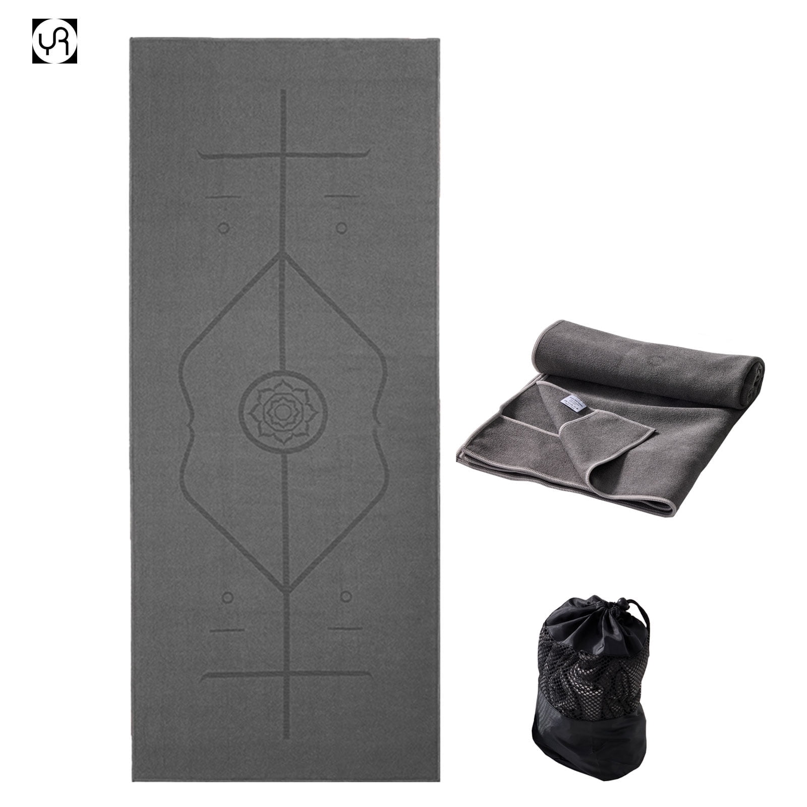 YR Yoga Mat Towel with Alignment Lines, 72''x24'' Non Slip Hot Yoga Towels for Gym Pilates, Gray