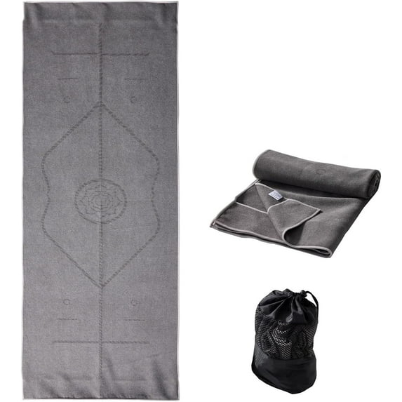 YR Yoga Mat Towel with Alignment Lines, 72''x24'' Non Slip Hot Yoga Towels for Gym Pilates with Carrying Bag, Gray