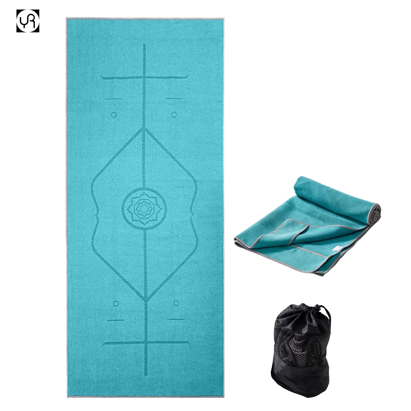 YR Yoga Mat Towel with Alignment Lines, 72''x24'' Non Slip Hot Yoga Towels for Pilates Gym Workout, Teal