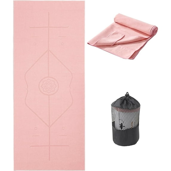 YR Yoga Mat Towel with Alignment Lines, 72''x24'' Non Slip Hot Yoga Towels Sweat, Pink