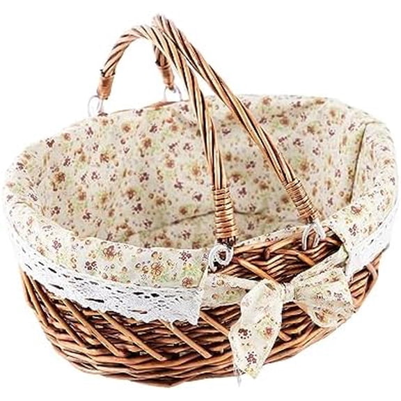 YRJJ Wicker Picnic Basket with Handles & Liner Oval Empty Gift Basket Willow Woven Easter Eggs & Candy Storage Basket Fruit Serving Basket Kids Blanket Toy Organizer, 1$$Garden & Patio