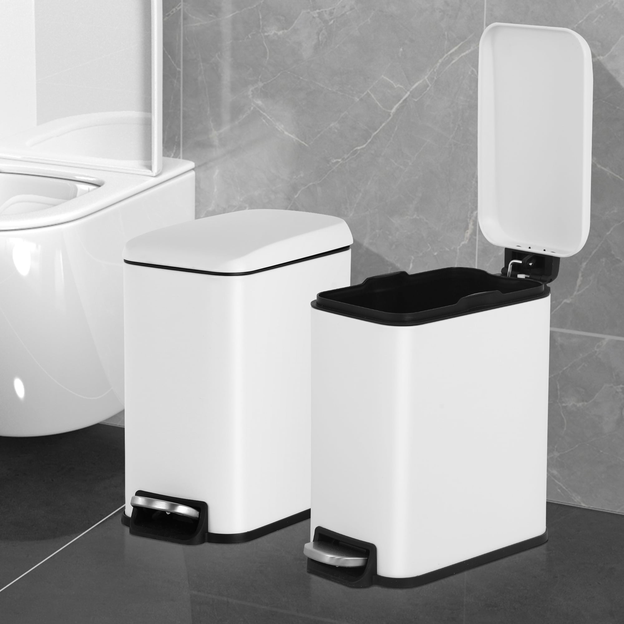 YRLLENSDAN 1.3 Gallon Bathroom Trash Can Kitchen Trash Can with Lid Stainless Steel Garbage Can Small Trash Can with Foot Pedal & Removable Bucket, White 2 Pack