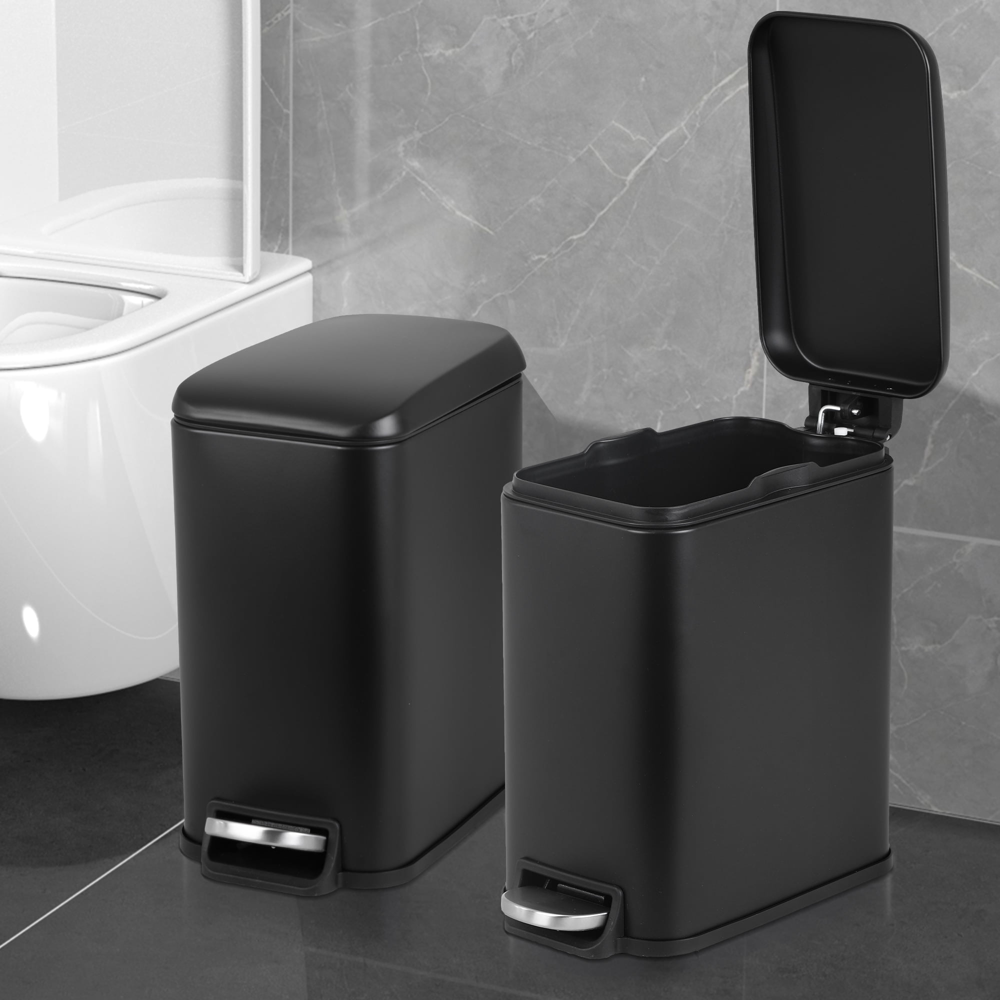YRLLENSDAN 1.3 Gallon Bathroom Trash Can Kitchen Trash Can with Lid Stainless Steel Garbage Can Small Trash Can with Foot Pedal & Removable Bucket, Black 2 Pack