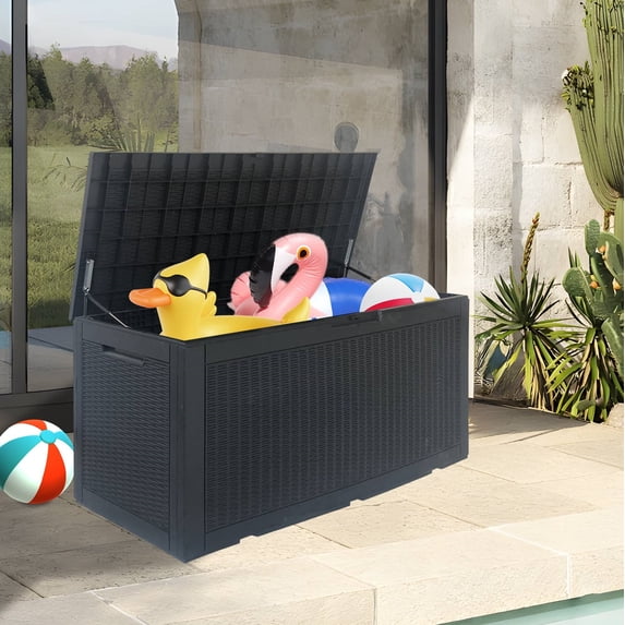 YRLLENSDAN 100 Gallon Large Deck Box Outdoor Storage Box with Lockable Lid, Waterproof UV Resistant Resin Storage Bench 450 LBS Weight Capacity for Patio, Garden, Pool, Black